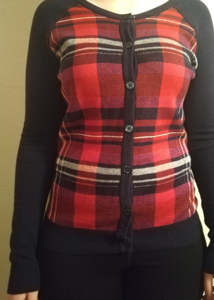 Cardigan with red, navy blue, white, and silver